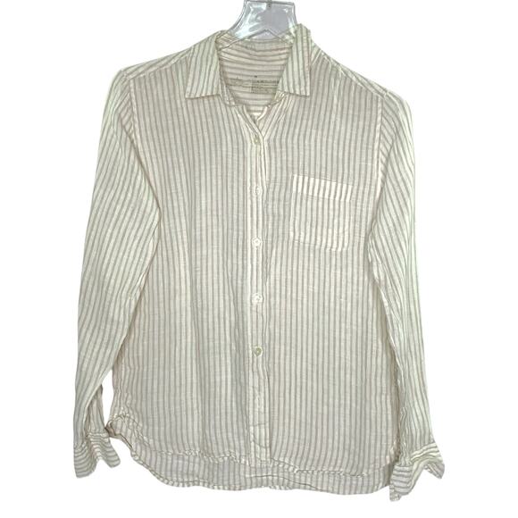 Muji M Womens Tan Striped Shirt Button Front 100% Linen Breathable - Picture 1 of 8